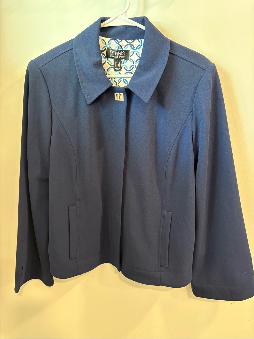 dennis basso Vibrant Blue Lined Collared Hidden-Placket Blazer
